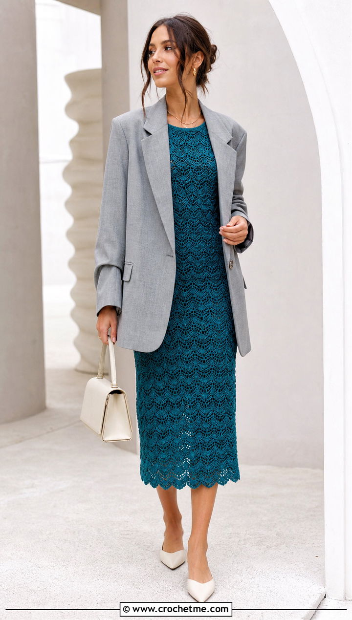 Shell Stitch Crochet Midi Dress With Oversized Blazer - 35 cute crochet clothes ideas