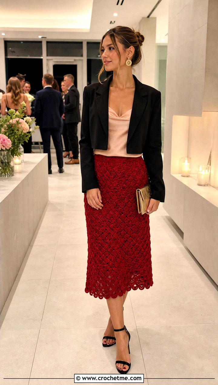Shell Stitch Crochet Midi Skirt With Satin Camisole - 15 colorful crochet skirt designs outfit ideas