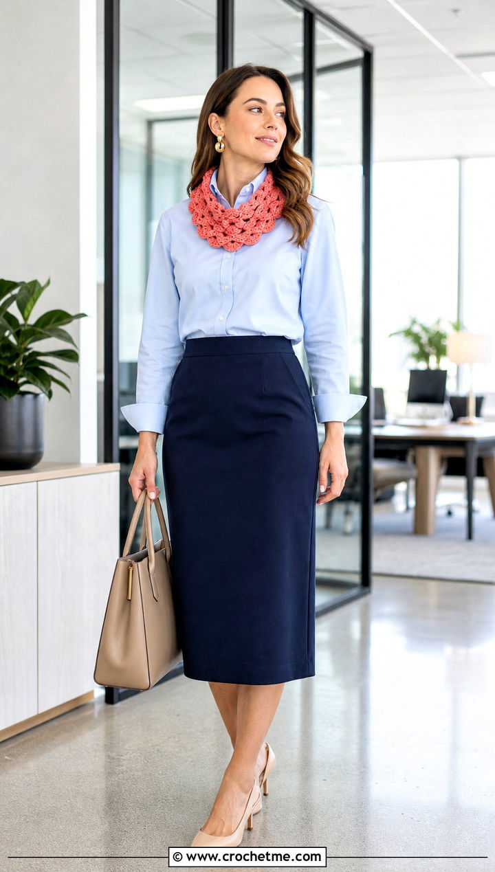 Shell Stitch Crochet Mini Scarf With Button Down Shirt And Midi Skirt - 35 crochet mini scarf outfit ideas