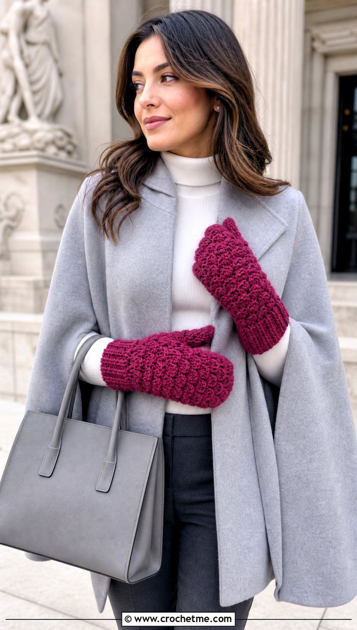 Shell Stitch Crochet Mittens With Cape Coat And Ankle Pants - 25 Easy Crocheted Mittens outfit ideas