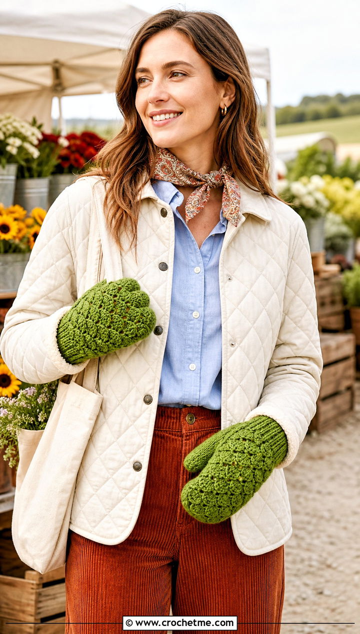 Shell Stitch Crochet Mittens With Quilted Jacket - 15 Crochet Mittens With Fleece Lining outfit ideas