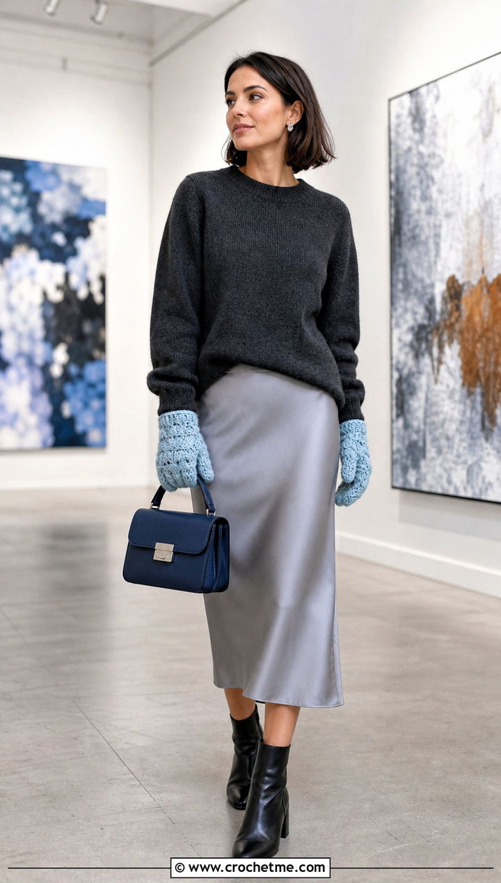 Shell Stitch Crochet Mittens With Satin Midi Skirt - 35 easy crochet mittens for beginners outfit ideas