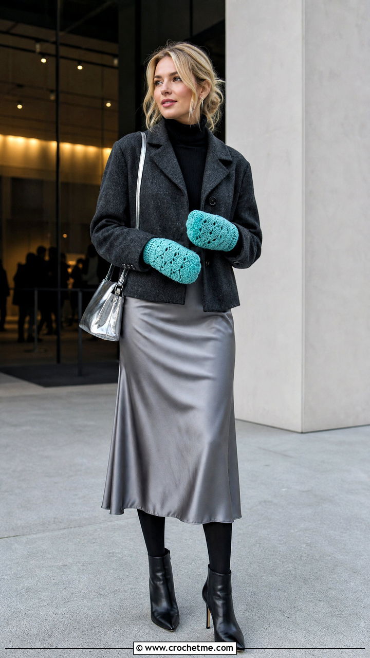 Shell Stitch Crochet Mittens With Satin Skirt - 35 crochet mittens outfit ideas