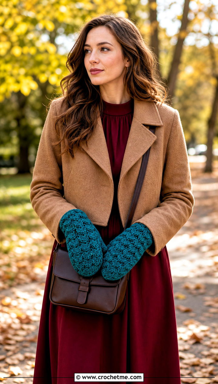 Shell Stitch Crochet Mitts With Midi Dress - 30 aesthetic crochet gloves outfit ideas