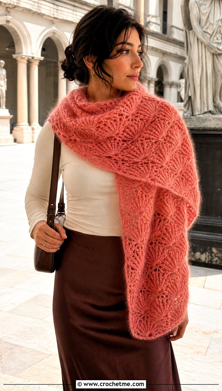 Shell Stitch Crochet Mohair Scarf With Midi Skirt - 30 crochet mohair scarf outfit ideas
