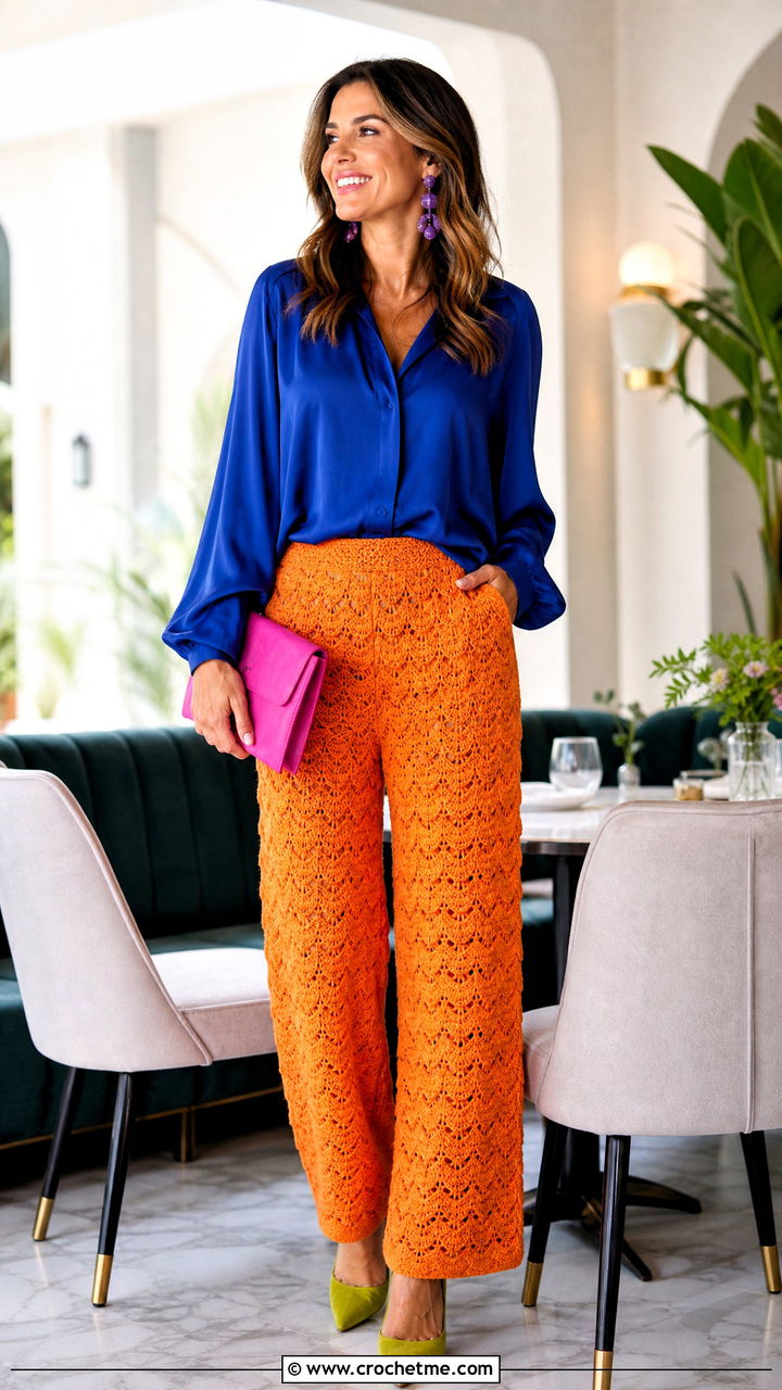 Shell Stitch Crochet Pants With Silk Blouse - 35 crochet pants outfit ideas