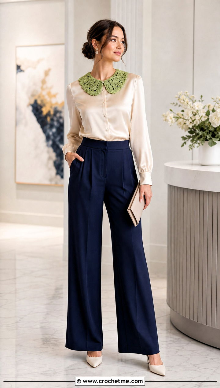 Shell Stitch Crochet Peter Pan Collar With Satin Blouse And Wide Leg Pants - 35 crochet peter pan collar outfit ideas