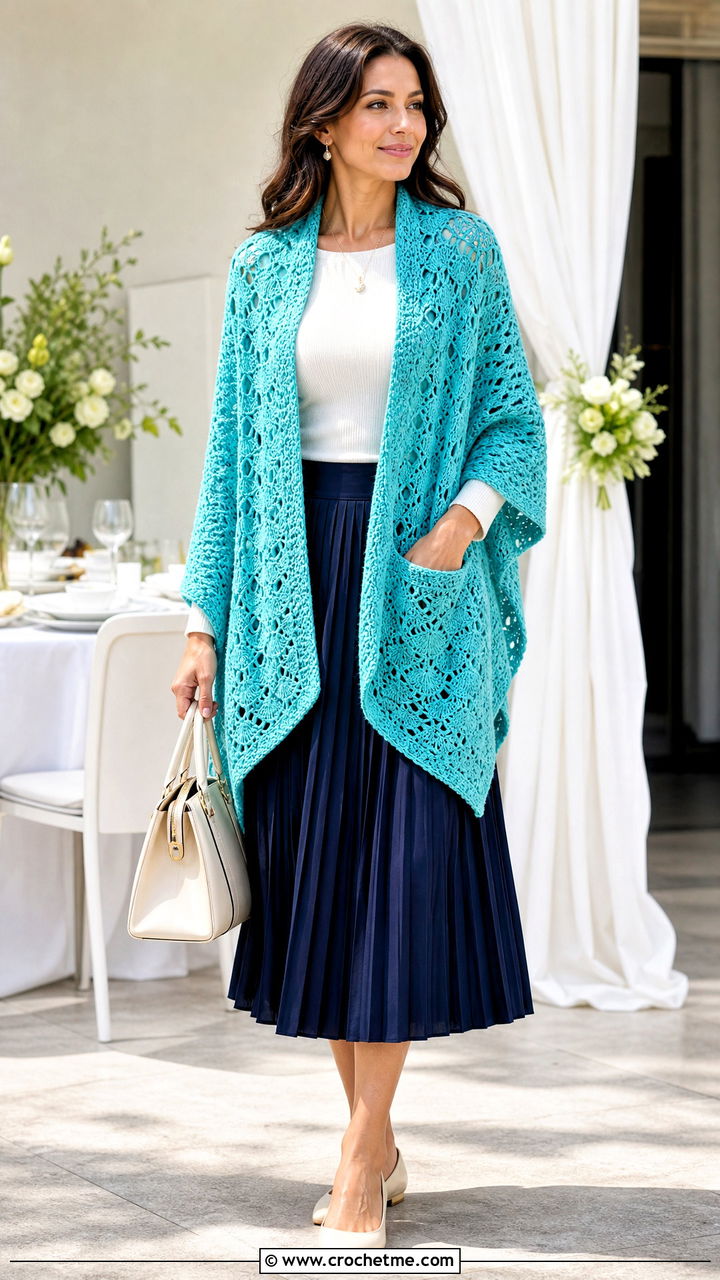 Shell Stitch Crochet Pocket Shawl With Pleated Skirt - 35 crochet pocket shawl outfit ideas