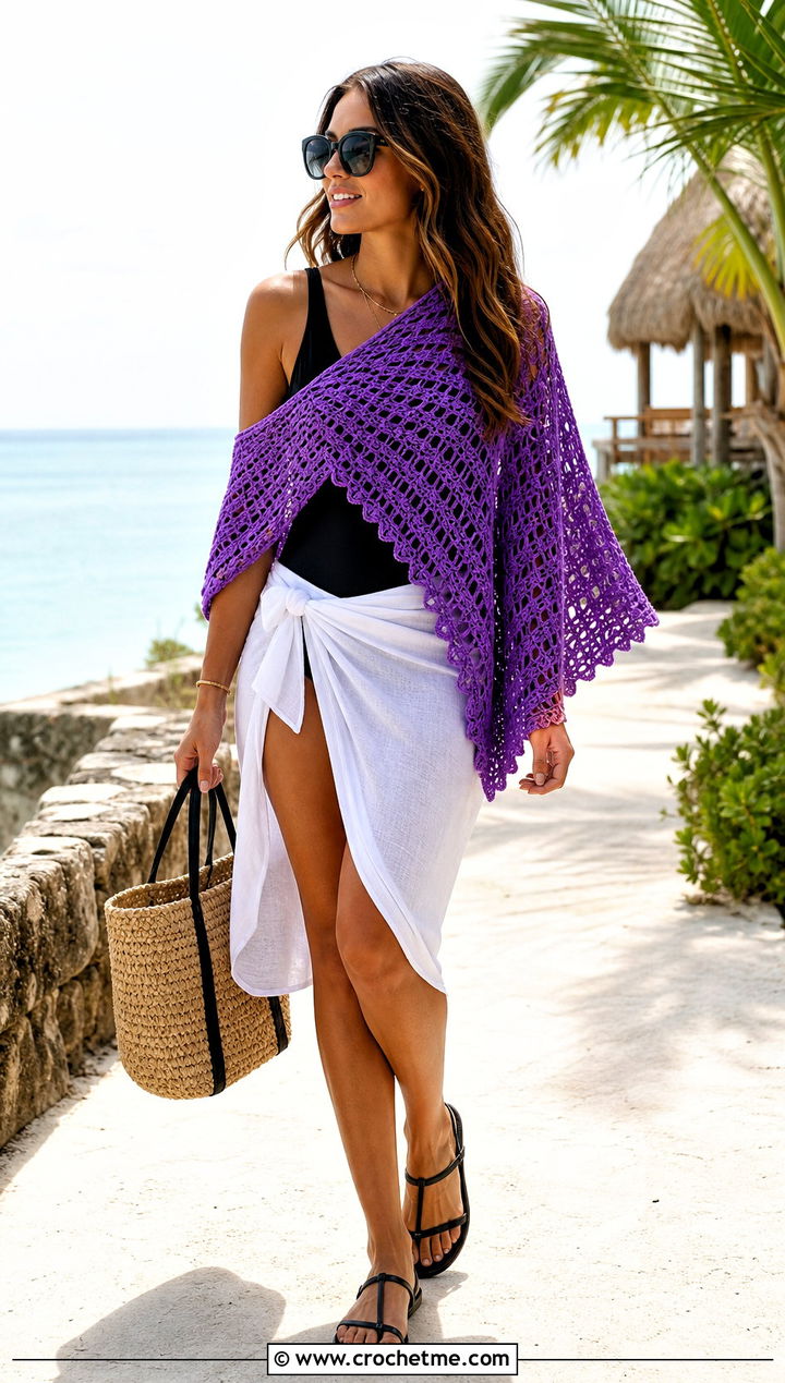 Shell Stitch Crochet Poncho Shawl With Beach Separates - 20 crochet poncho shawl outfit ideas