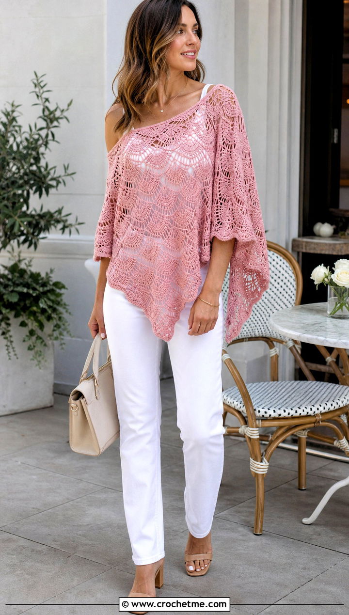 Shell Stitch Crochet Poncho Sweater With White Jeans - 35 crochet poncho sweater outfit ideas