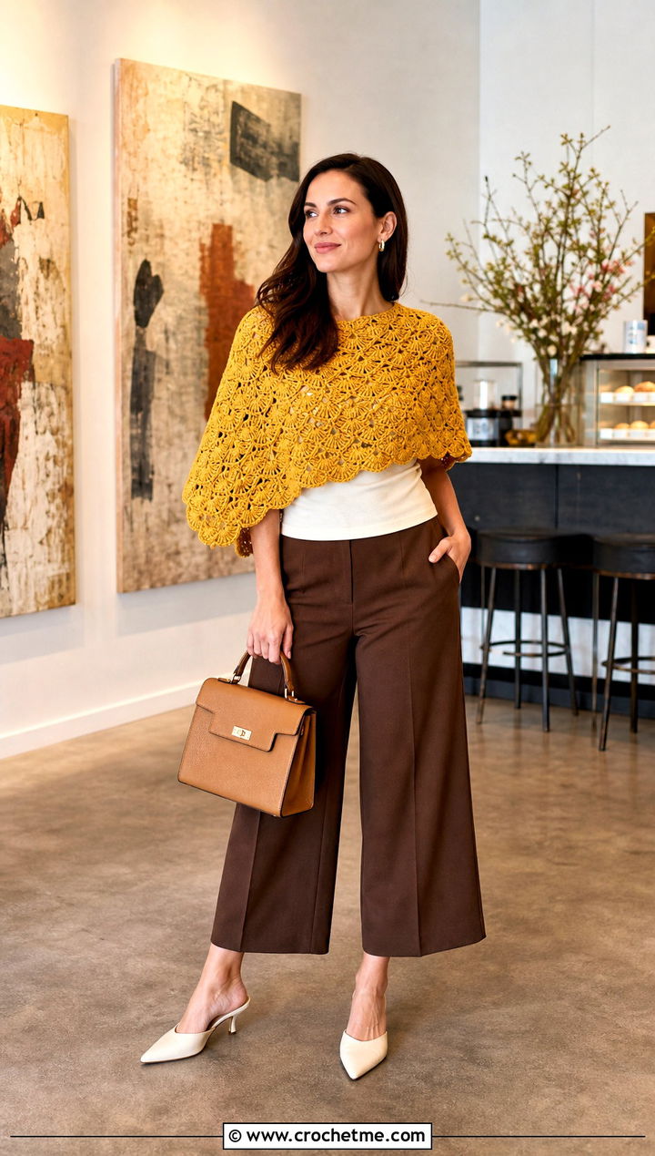 Shell Stitch Crochet Poncho With Culottes - 25 Crochet For Poncho outfit ideas