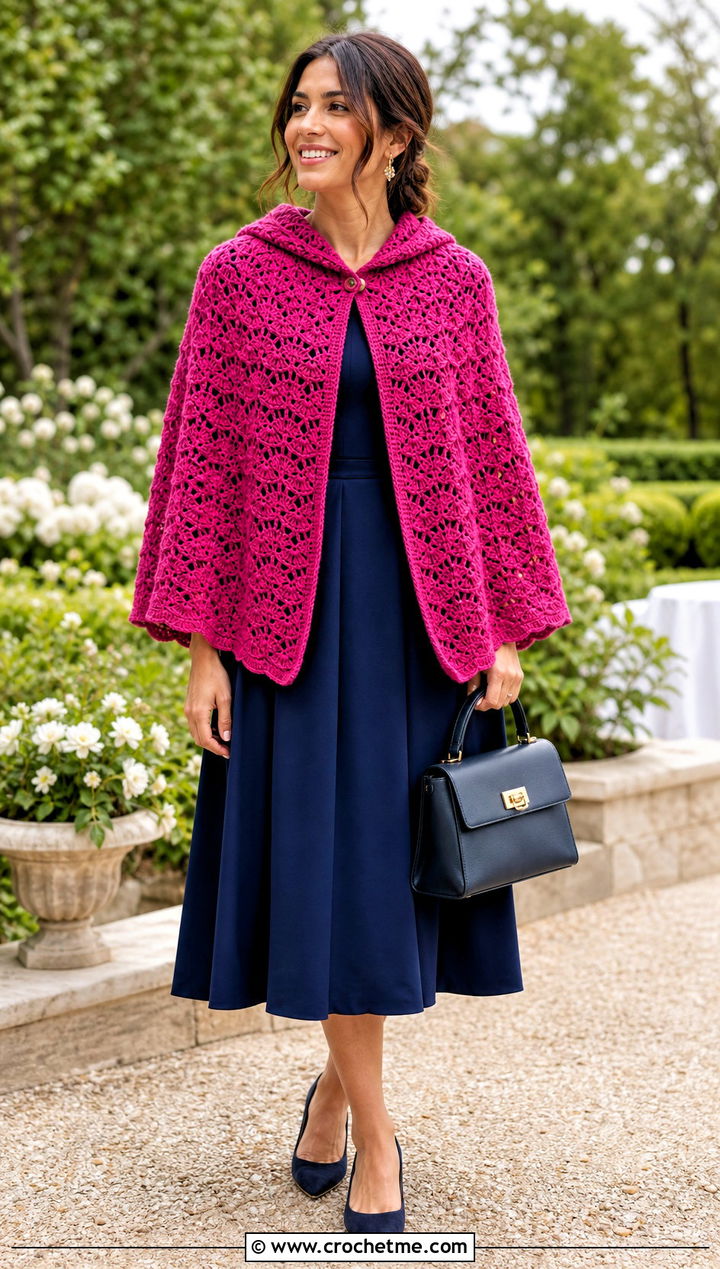 Shell Stitch Crochet Poncho With Hood And Tea Length Dress - 35 crochet poncho with hood outfit ideas