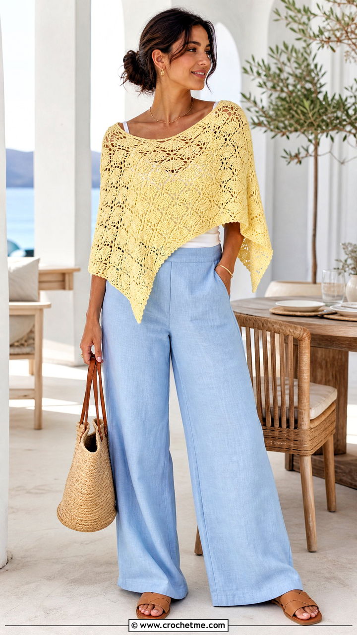 Shell Stitch Crochet Poncho With Linen Pants - 35 easy crochet poncho outfit ideas