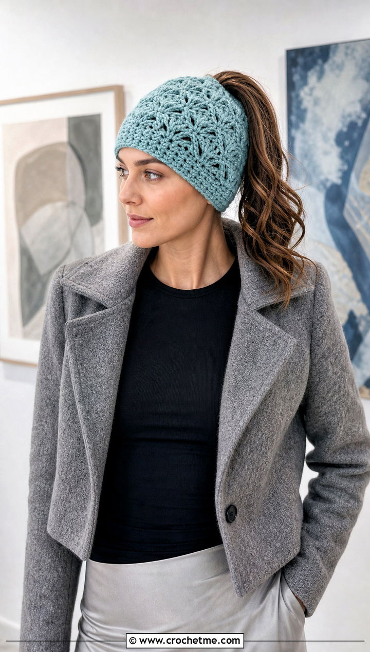 Shell Stitch Crochet Ponytail Beanie With Satin Skirt - 20 Crochet Ponytail Beanie outfit ideas