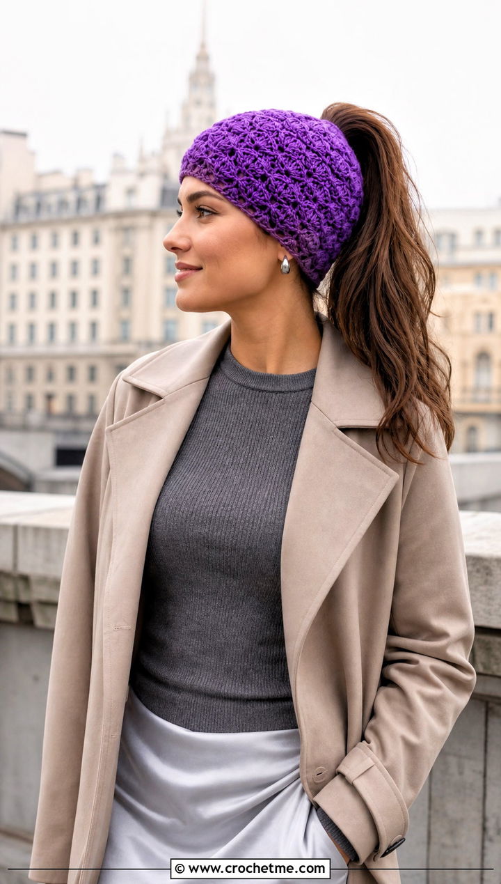Shell Stitch Crochet Ponytail Beanie With Trench Coat And Slip Skirt - 20 Crochet Beanie With Ponytail Hole Hat outfit ideas