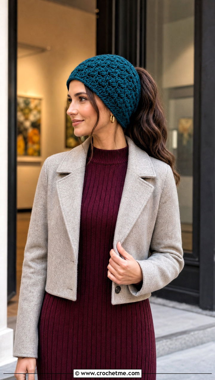 Shell Stitch Crochet Ponytail Hat With Midi Dress - 30 crochet hat with ponytail hole outfit ideas