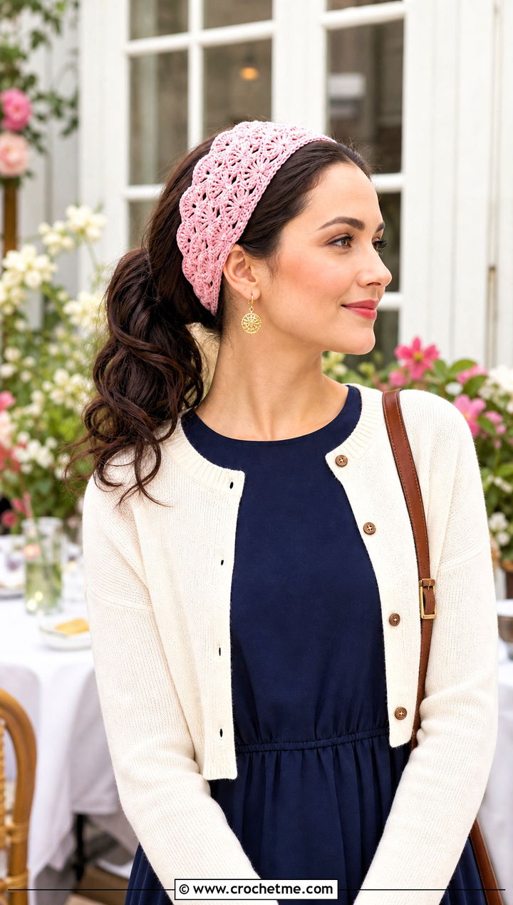Shell Stitch Crochet Ponytail Headband With Midi Dress - 25 crochet headband with ponytail hole outfit ideas