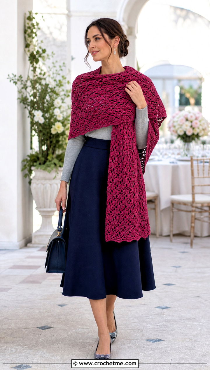 Shell Stitch Crochet Rectangle Shawl With Midi Skirt - 35 Crochet Rectangle Shawl outfit ideas