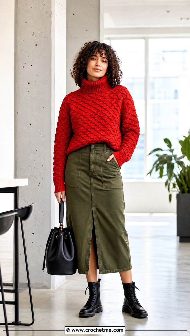 Shell Stitch Crochet Roll Neck Sweater With Utility Midi Skirt - 20 Crochet Roll Neck Sweater outfit ideas