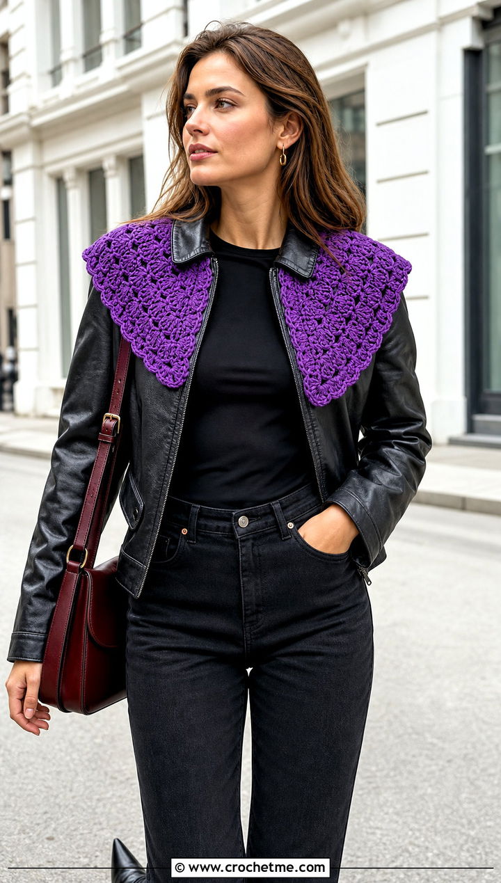 Shell Stitch Crochet Sailor Collar With Leather Jacket And Black Jeans - 30 crochet sailor collar outfit ideas