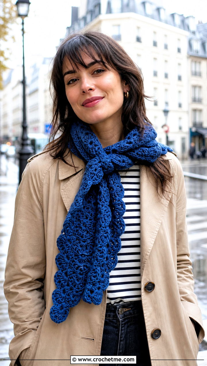 Shell Stitch Crochet Sally Scarf With Trench Coat - 20 Crochet Sally Scarf outfit ideas