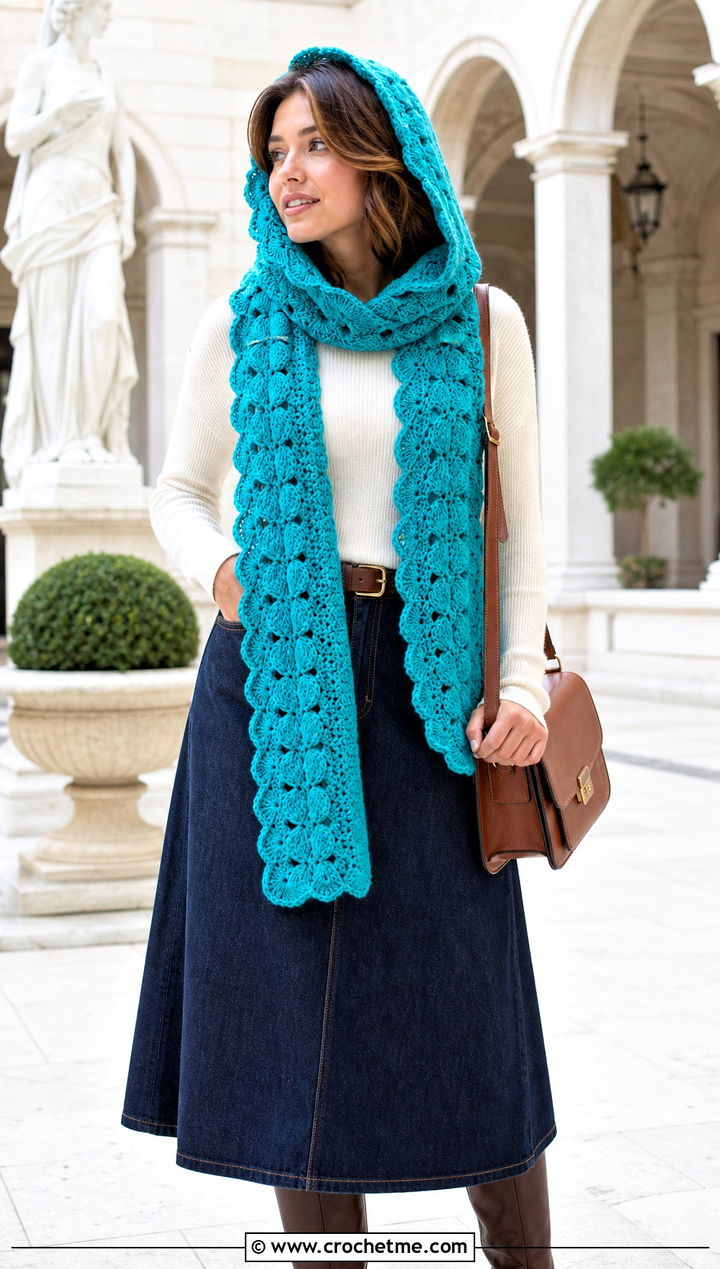 Shell Stitch Crochet Scarf Hood With Midi Skirt - 30 crochet scarf hood outfit ideas
