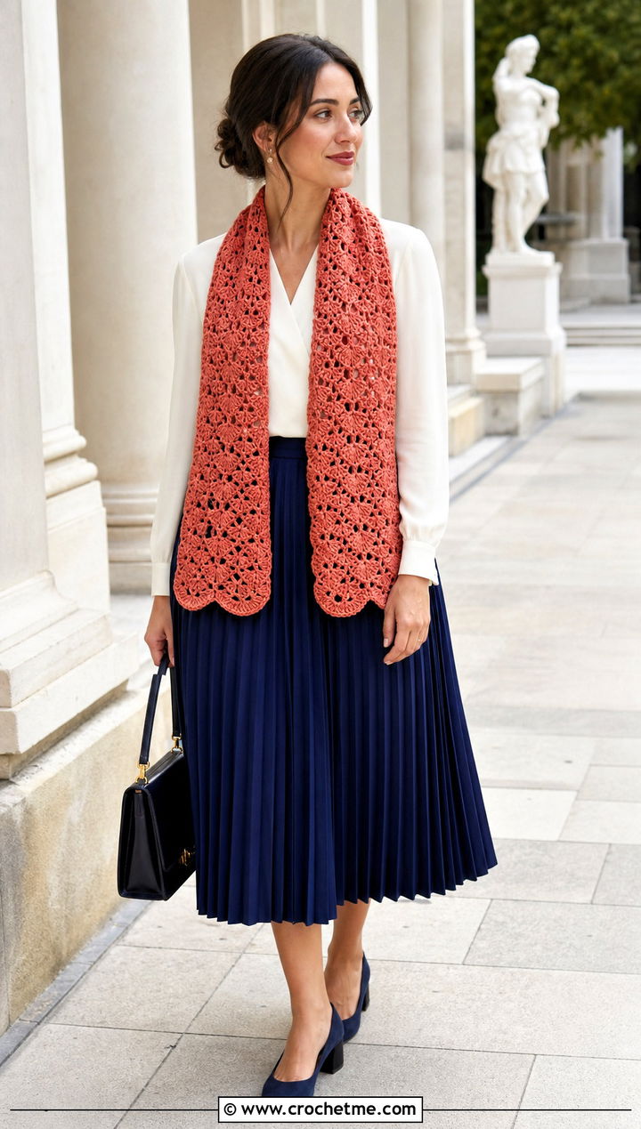 Shell Stitch Crochet Scarf With Blouse And Pleated Skirt - 25 Crochet Fun Scarf outfit ideas