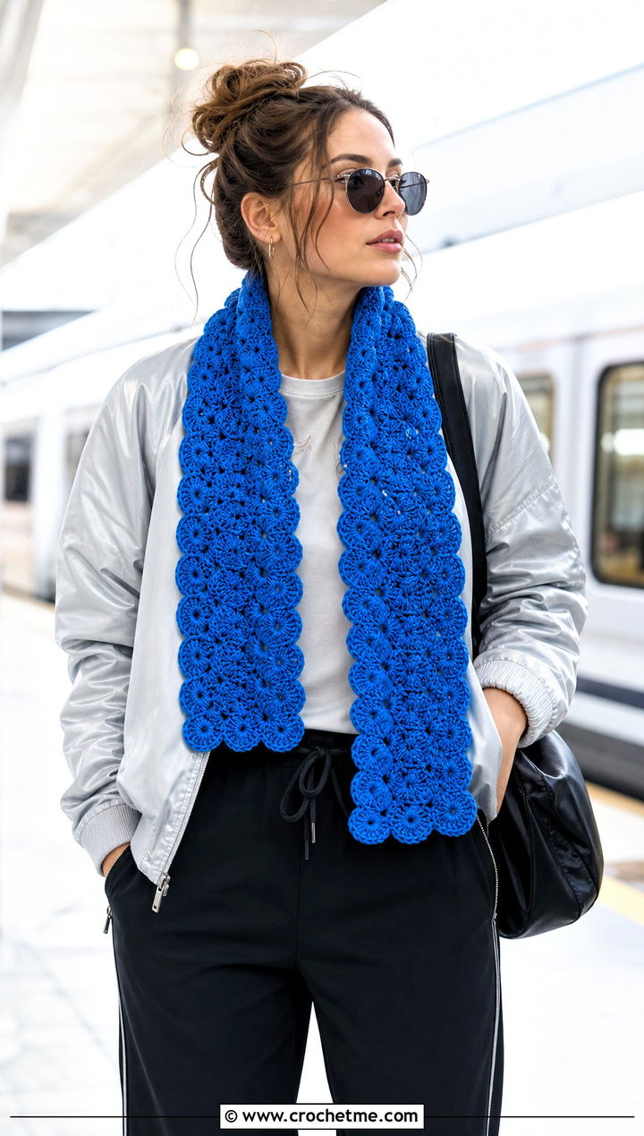 Shell Stitch Crochet Scarf With Bomber Jacket And Track Pants - 20 Elegant Crochet Scarf outfit ideas