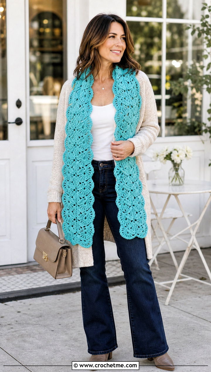 Shell Stitch Crochet Scarf With Cardigan - 25 crochet scarf design ideas