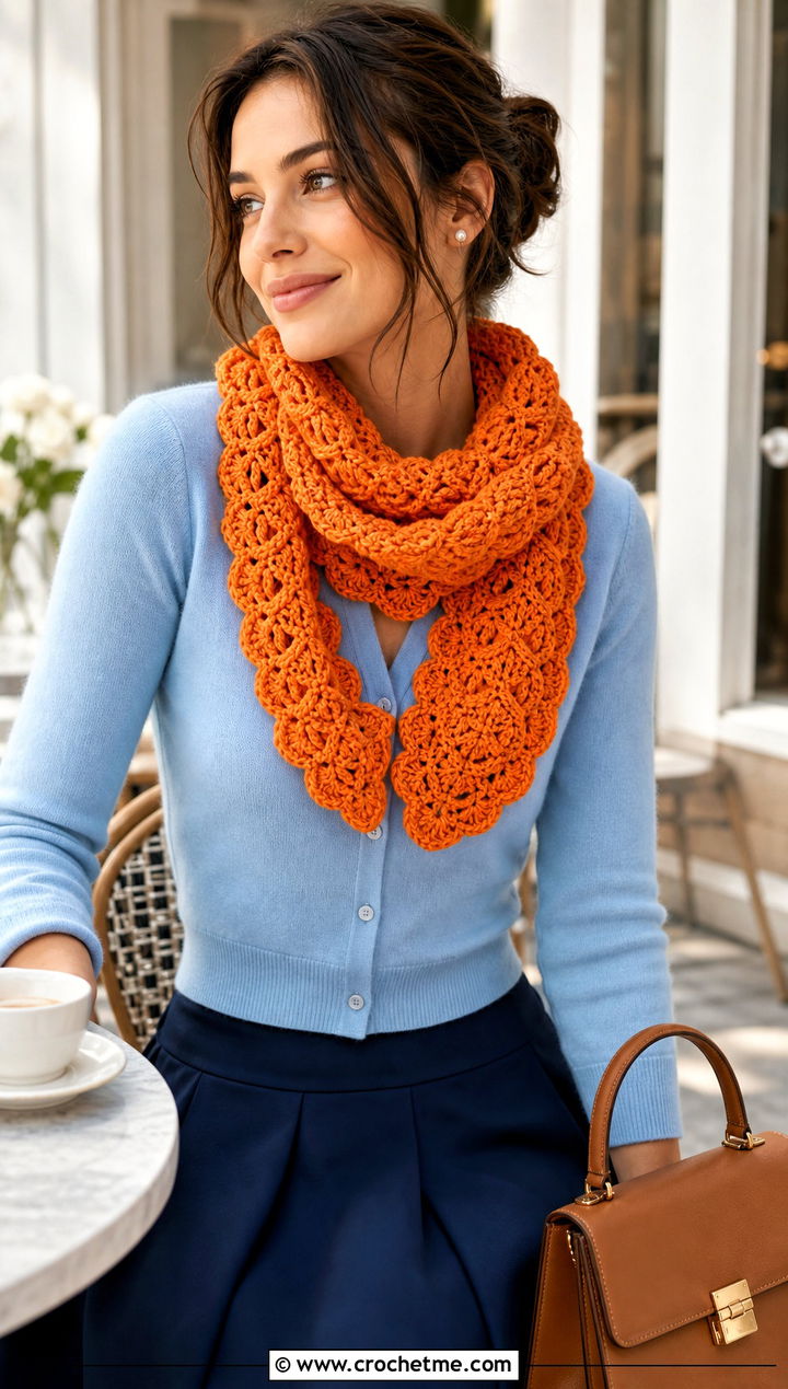 Shell Stitch Crochet Scarf With Cardigan And Midi Skirt - 15 elegant crochet scarf design outfit ideas