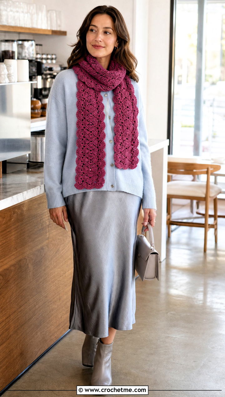 Shell Stitch Crochet Scarf With Cardigan And Satin Skirt - 30 bulky crochet scarf outfit ideas