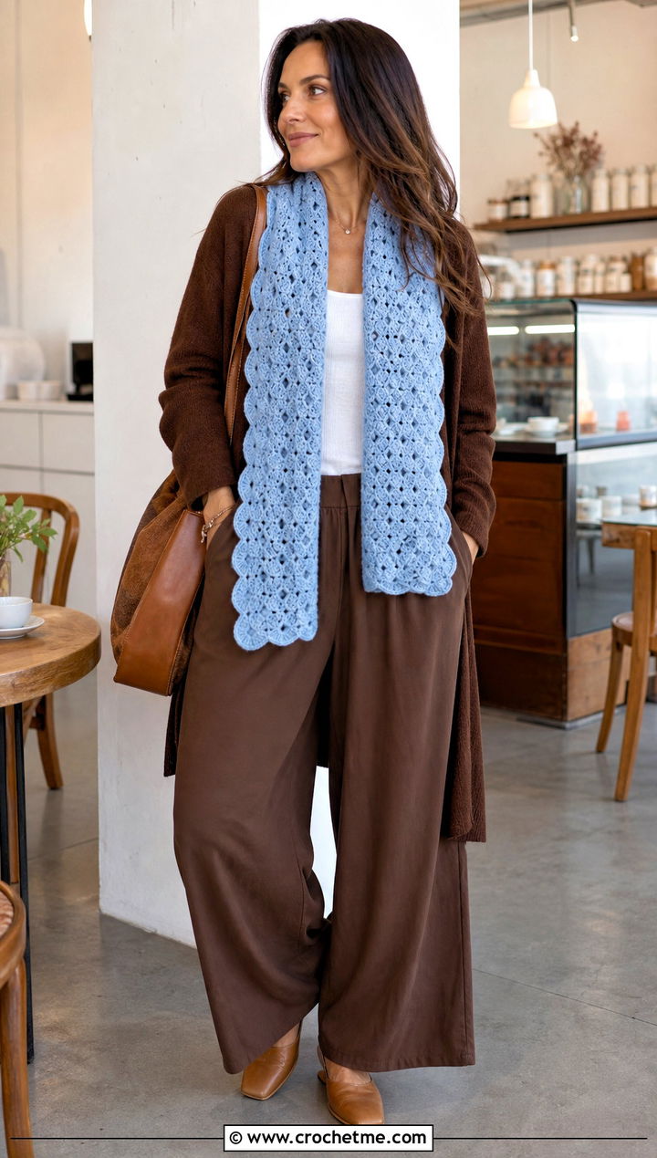 Shell Stitch Crochet Scarf With Cardigan And Wide Leg Pants - 15 Crochet Fancy Scarf outfit ideas