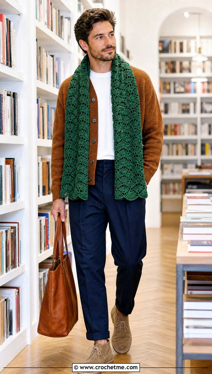 Shell Stitch Crochet Scarf With Cardigan - 35 men crochet scarf outfit ideas