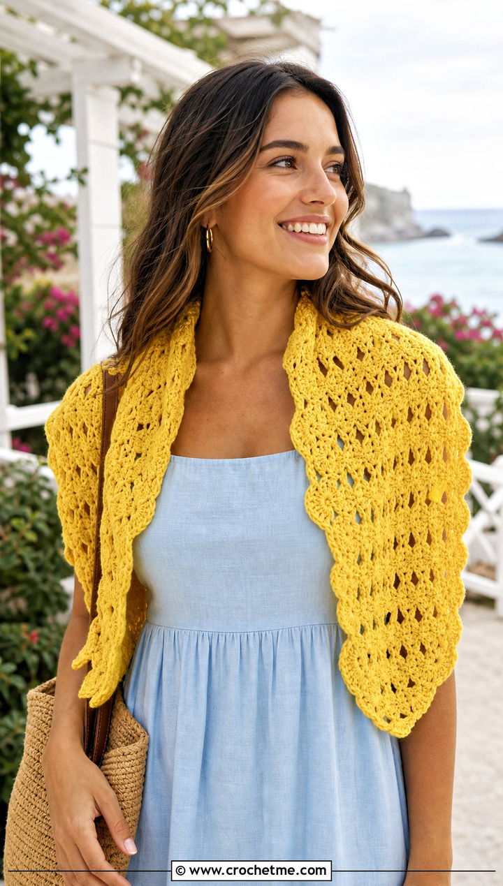 Shell Stitch Crochet Scarf With Cotton Midi Dress - 35 fun crochet scarf outfit ideas