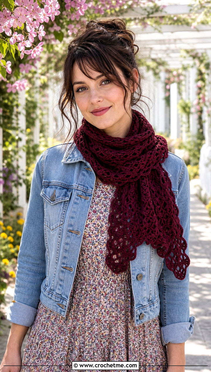 Shell Stitch Crochet Scarf With Floral Maxi Dress - 25 Tiny Crochet Scarf outfit ideas