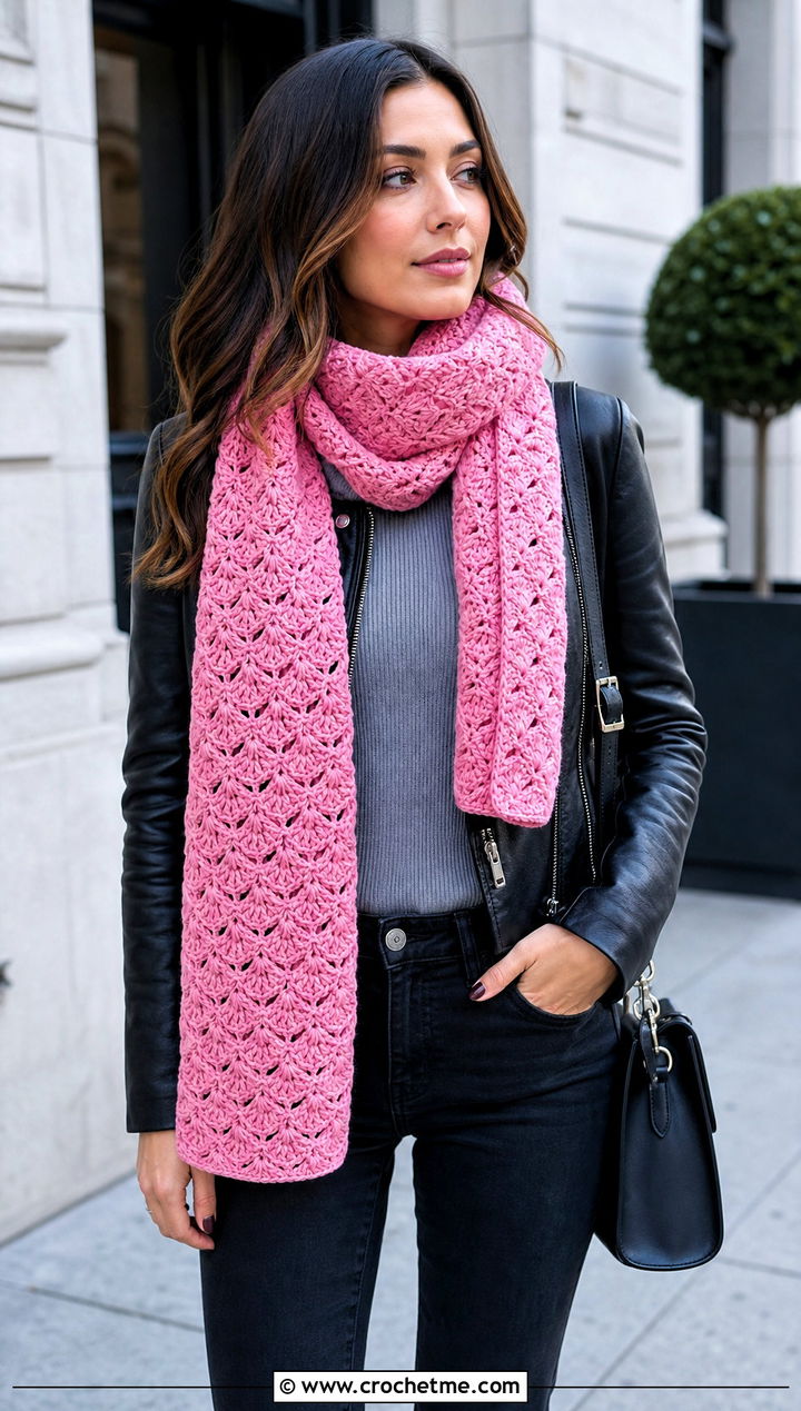 Shell Stitch Crochet Scarf With Leather Jacket - 15 Lacy Crochet Scarf outfit ideas