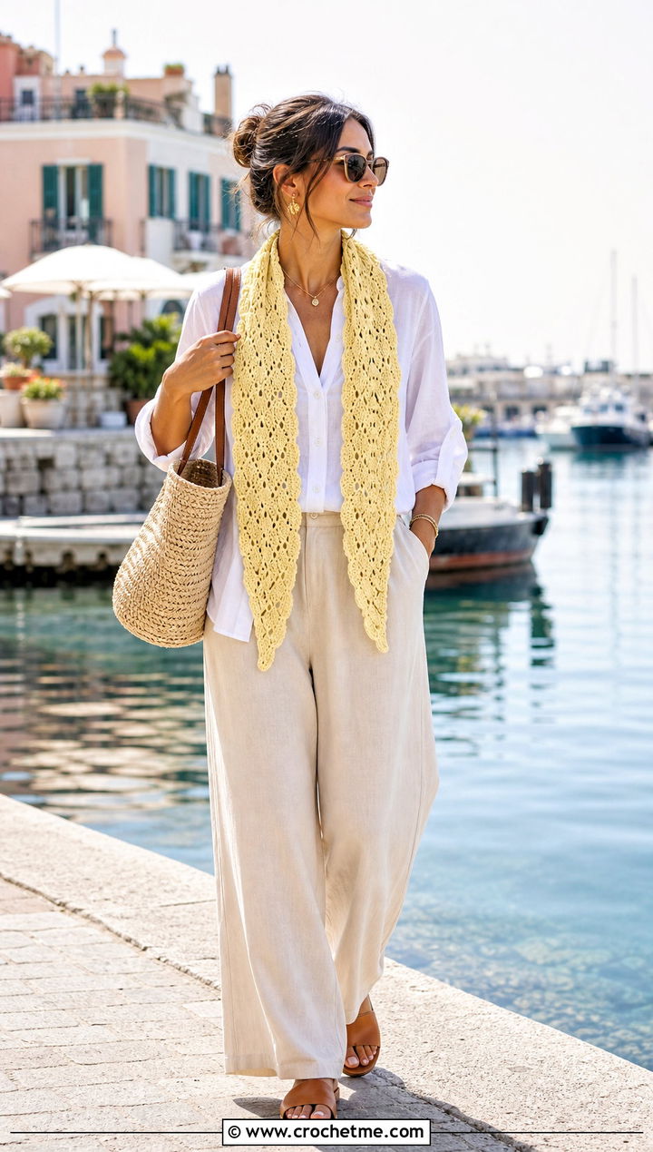 Shell Stitch Crochet Scarf With Linen Shirt And Wide Leg Pants - 35 small crochet scarf outfit ideas