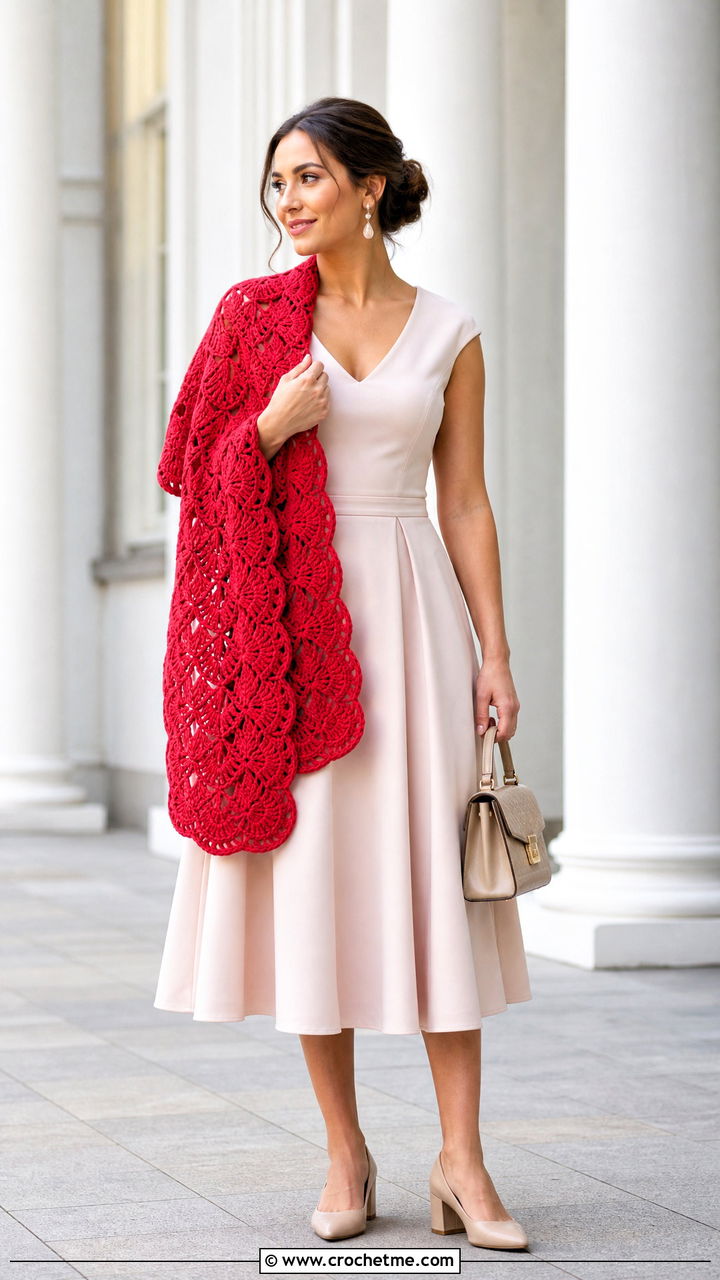 Shell Stitch Crochet Scarf With Midi Dress - 35 crochet scarf ideas