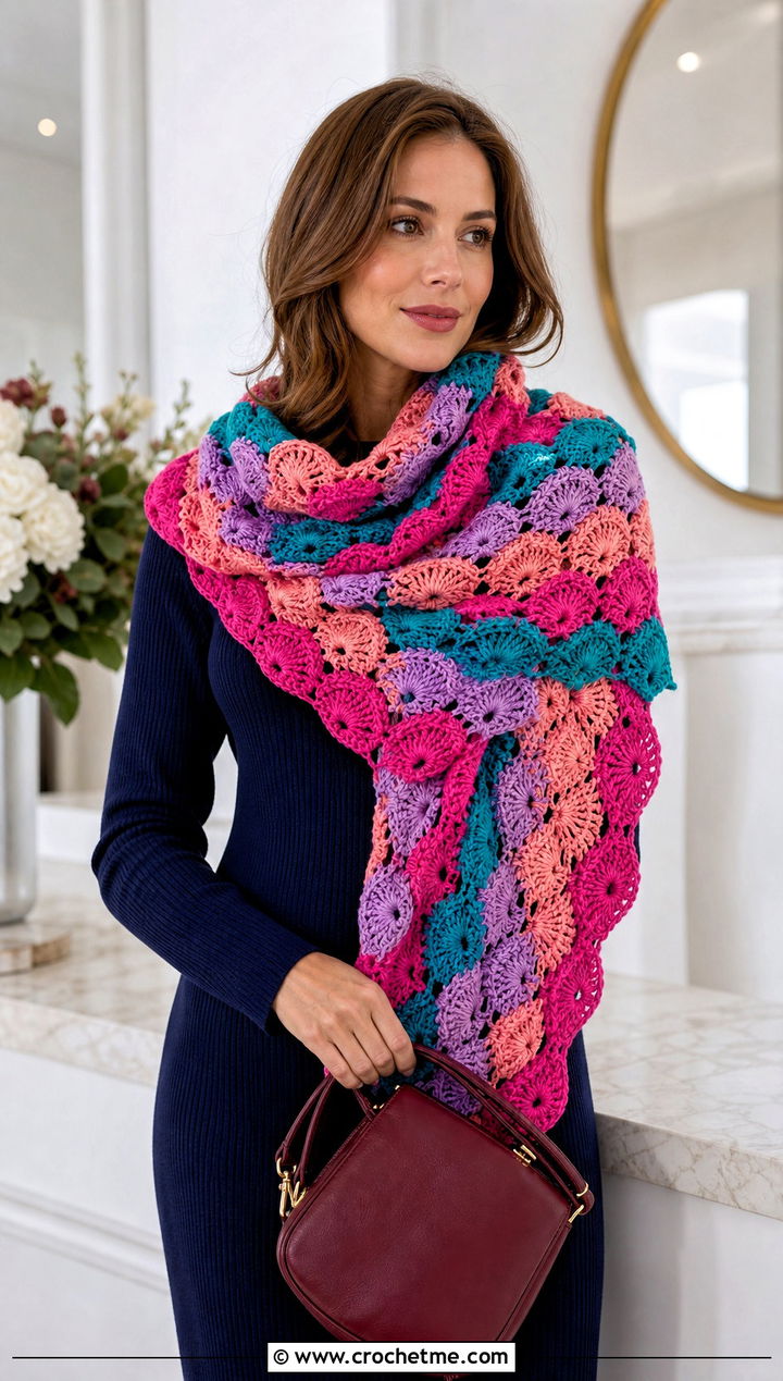 Shell Stitch Crochet Scarf With Midi Dress - 25 multi colored crochet scarf outfit ideas