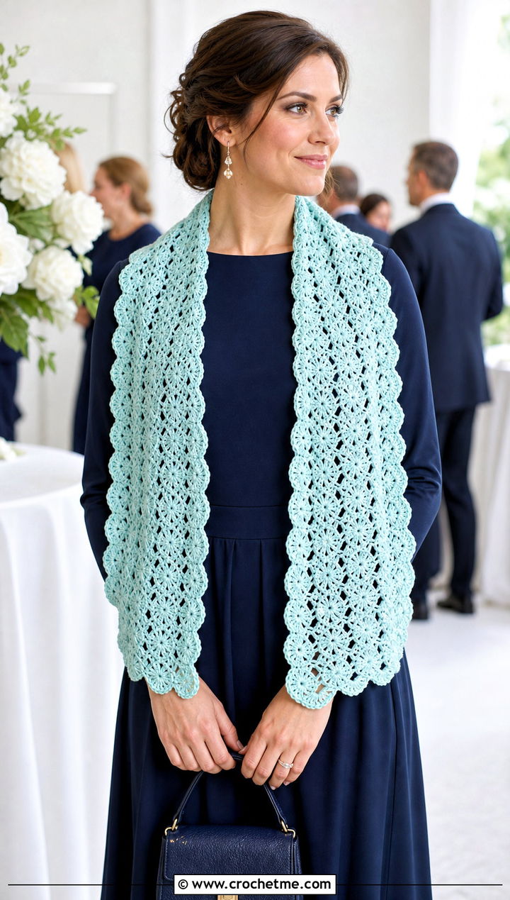 Shell Stitch Crochet Scarf With Midi Dress - 30 autumn crochet scarf outfit ideas