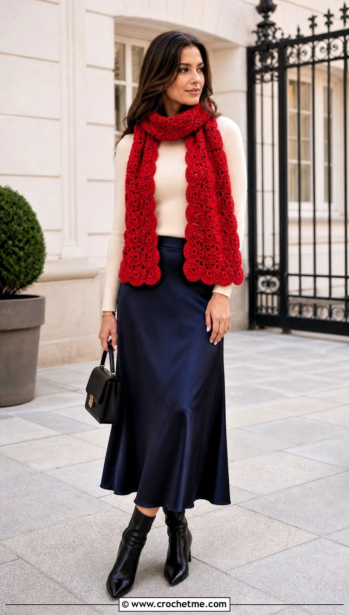 Shell Stitch Crochet Scarf With Midi Skirt - 35 crocheted scarf outfit ideas