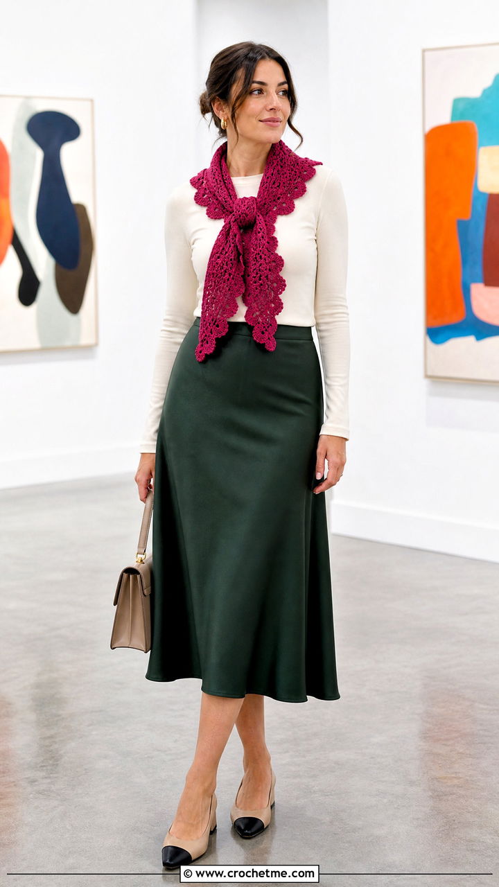 Shell Stitch Crochet Scarf With Midi Skirt - 35 easy crochet scarf outfit ideas