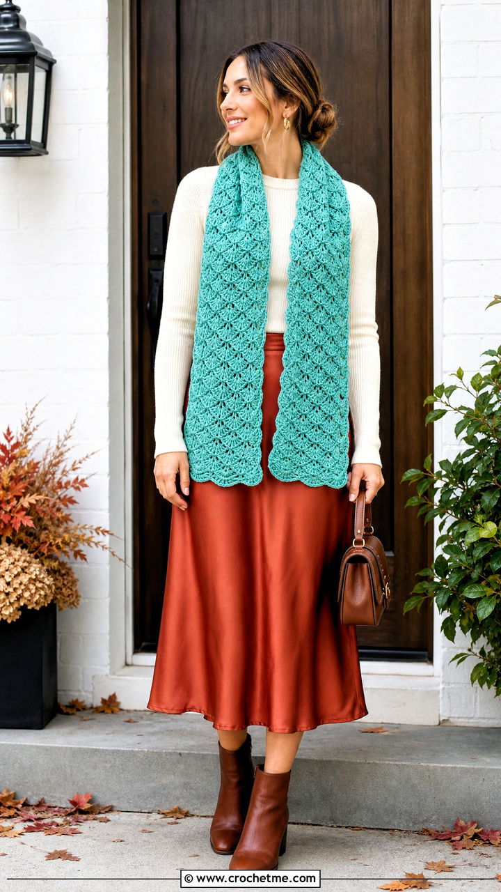 Shell Stitch Crochet Scarf With Midi Skirt - 35 easy crochet scarves outfit ideas