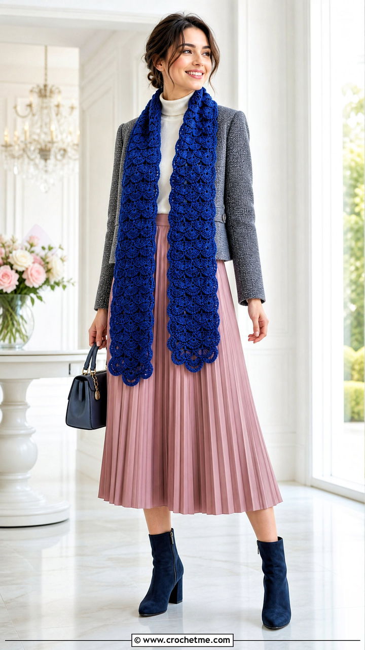 Shell Stitch Crochet Scarf With Midi Skirt - 35 beginner crochet scarf outfit ideas