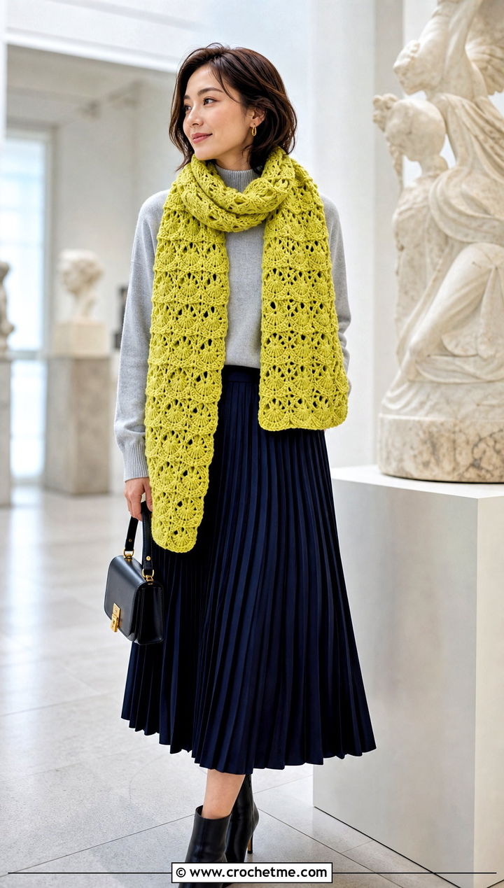 Shell Stitch Crochet Scarf With Pleated Skirt - 25 crochet for scarfs outfit ideas