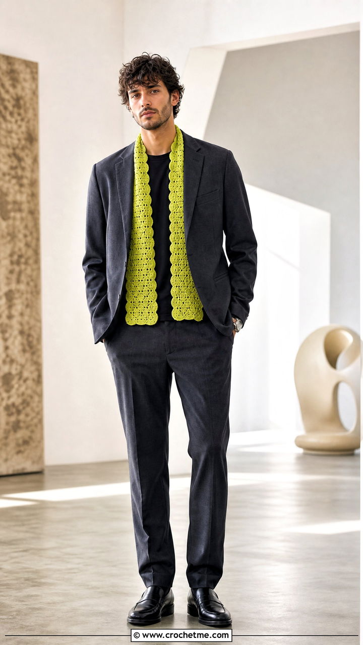 Shell Stitch Crochet Scarf With Relaxed Suit - 35 men's crochet scarf outfit ideas