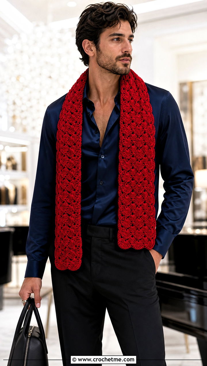 Shell Stitch Crochet Scarf With Satin Shirt - 30 male crochet scarf outfit ideas