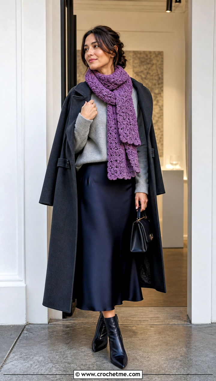 Shell Stitch Crochet Scarf With Satin Skirt - 35 Winter Crochet Scarfs For Women outfit ideas
