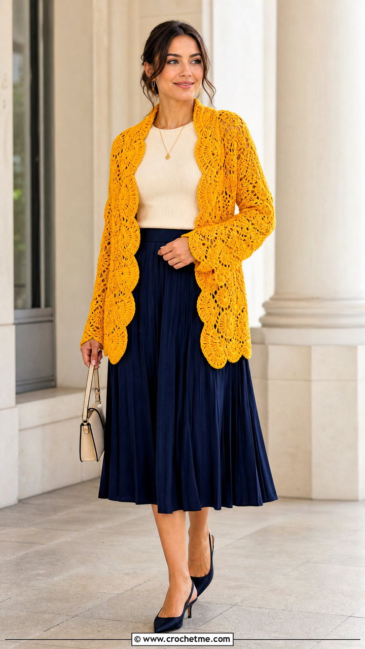 Shell Stitch Crochet Scarf With Sleeves And Pleated Midi Skirt - 35 crochet scarf with sleeves outfit ideas