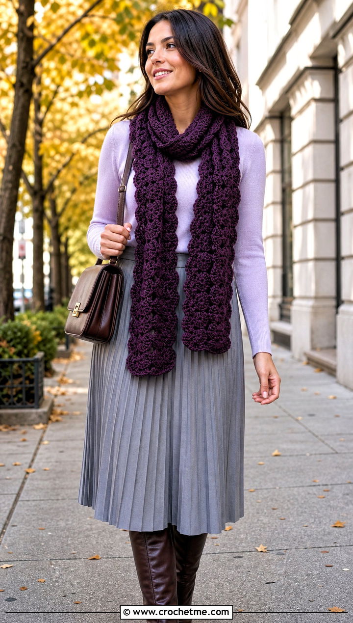 Shell Stitch Crochet Scarf With Sweater And Pleated Skirt - 15 Dainty Crochet Scarf outfit ideas